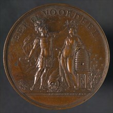 J.G. Holtzhey, Medal on the 50th anniversary of the Dutch Household Company, medallion bronze bronze med 4,8, symbolic male