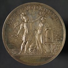 J.G. Holtzhey, Medal on the 50th anniversary of the Dutch Household Company, penning footage silver, symbolic male figure crowns