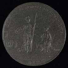 Medal for the courageous behavior of the students in 1672, medallion medals lead metal, symbolic female figure sitting on seat