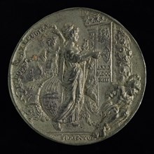 Daniël Drappentier, Medal on the conclusion of the peace of Utrecht, penning visual material lead metal, peace closes door