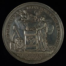 M. Holtzhey, Medal on the preliminary and the Peace of Aachen, penning footage silver, female figure at burning altar; Dutch
