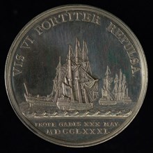 J.G. Holtzhey, Medal on the sea battle at Cadiz, penning footage silver, Trident of Neptune with three coats of arms two anchors
