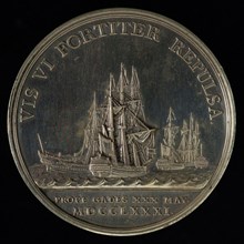 J.G. Holtzhey, Medal on the naval battle at Cadiz, penning footage silver, trident of Neptune with three coats of arms