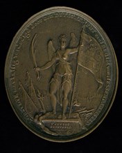 Oval penny on the defense of Soestdijk by detachment of the Hessen-Darmstadt regiment, medallion image copper, winged female