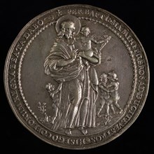 Medal on the baptism of Christ, penning visual material silver, Christ's baptism Image: FILI 'HIC ME' EST SUMO QUE DIGNOR AMORE