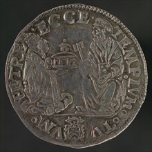 Medal with Peter and Pope Leo X, pauspenning penning footage silver, Pope Leo X and Peter with model church; among them coat