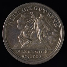 Medal on the exodus of the Salzburgers, penny footage silver, kneeling man groped wound in the side of Christ, omschrift WER