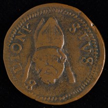 Medal St. Denis church, diocese of Liege, penning footage copper, head of St. Dionysius and face with miter, S-DIONI-SIVS