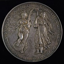 Commemorative Mr. Simon Episcopius, death medal penning footage silver, Two female figures to know the Truth over globe stepping
