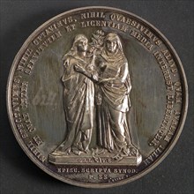 J. Elion, Medal on the 250th anniversary of the Remonstrant Brotherhood in Rotterdam, penny footage silver, Two symbolic female