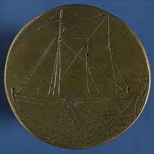 Medal der Kleinschippers in Rotterdam, no. 26, guild penny penning identification bearer brass, sailing ship sailing to the left