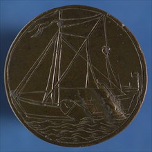 Medal der Kleinschippers in Rotterdam, no. 63, guild penny penning identification carrier brass, sailing vessel sailing