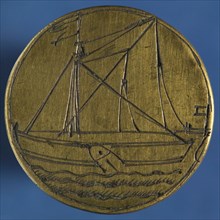 Medal der Kleinschippers in Rotterdam, no. 71, guild penny penning identification bearer brass, sailing ship sailing to the left