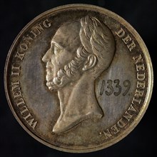Van der Kellen, Medal on the death of King William II, death certificate penning footage silver, left-wing portrait of Willem II