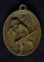 Guild medal of the St. Joseph or carpenter's guild, guild medal penning identification carrier copper, cast Oval guild medal
