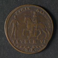 Hans Krauwinkel, Medal Ester VI, jeton utility medal medal exchange copper, crowned crowned king (Mordecai) on the left