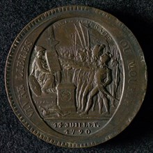 Medal de confiance de cinq Sols, commemorative medal penning footage bronze, revolutionary scene legend: VIVRE LIBRES - OU