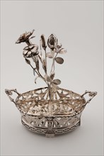 Silversmith: Rudolph Sondag, Oval bridal wedding basket with bouquet of various flowers and insects, honeymoon basket holder