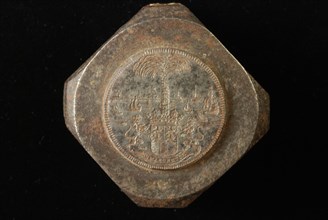 Stamp for pennies of the Rotterdam tool in 1689, punch stamp stamp metal steel, bas relief Stamp for the front of the city