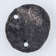 Loden penny with two holes and 4 smashed, penning image material soil finding lead metal, Oval with two holes 4, debarked front