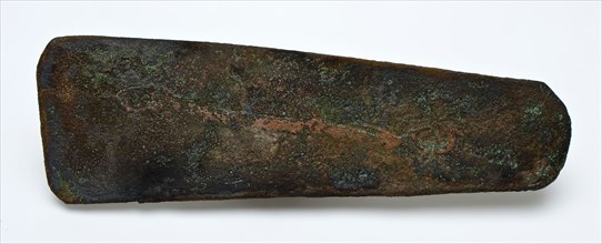 Long narrow tapered plate with rounded corners, artifact soil found bronze copper metal, cast cut Long narrow tapered plate