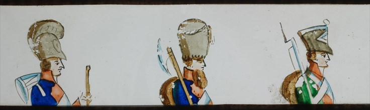 Hand-painted lantern plate with three soldiers, slide slide diapositive footage glass paper, Hand-painted slide with top