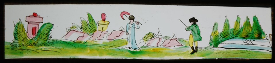 Hand-painted lantern plate with man and woman at tombstone, slide plate slideshope images glass paper, Hand-painted slides