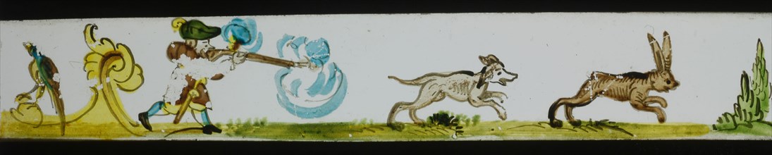 Hand-painted lantern plate with hunting scene, slide plate slideshope images glass paper, Hand-painted slides