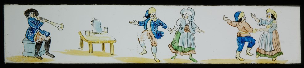 Hand-painted lantern plate with musician and dancing farmers, slide plate slideshope images glass paper, Hand-painted slides