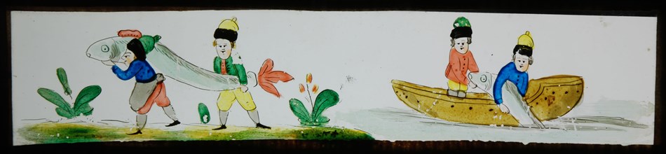 Hand-painted lantern plate with fishermen, slide plate slideshope images glass paper, Hand-painted slides with top and bottom