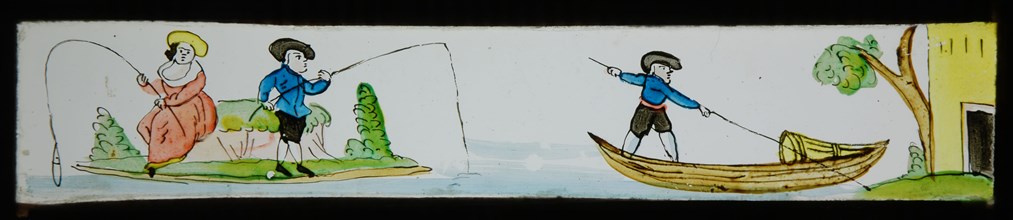 Hand-painted lantern plate with fishing man and woman, slide plate slideshope images glass paper, Hand-painted slides