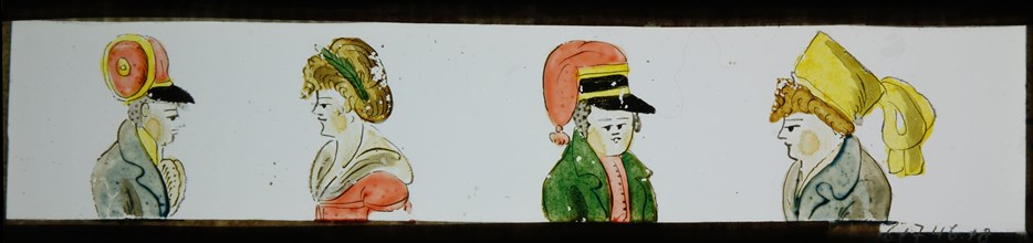 Hand-painted slide with strange headgear, slide plate slideshope images glass paper, Hand-painted slides with top and bottom