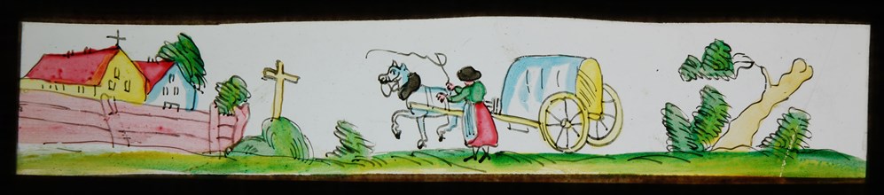 Hand-painted lantern plate with covered wagon and monastery, slideshelf slideshare images glass paper, Hand-painted slides