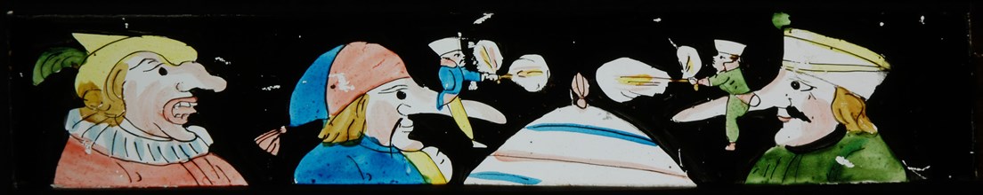 Hand-painted slide with dueling figures on noses of giants, slide slide diapositive footage glass paper, Hand-painted slide