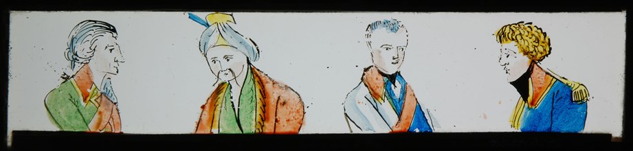 Hand-painted lantern plate with four men in uniform, slide slide diapositive footage glass paper, Hand-painted slide