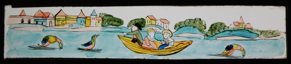 Hand-painted lantern plate with sailing company and water birds, slideshelf slideshare images glass paper, Hand-painted slides