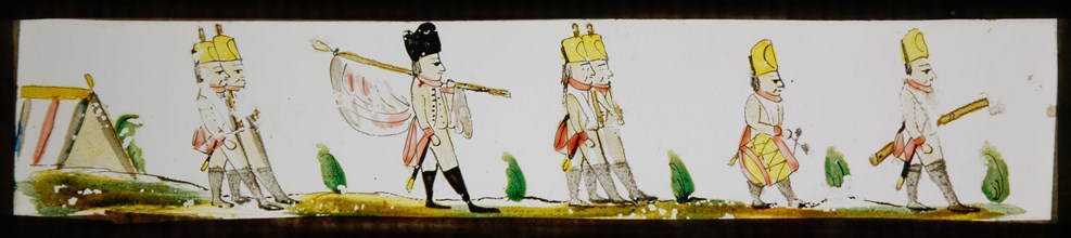 Hand-painted lantern plate with marching soldiers, slide plate slideshope images glass paper, Hand-painted slides
