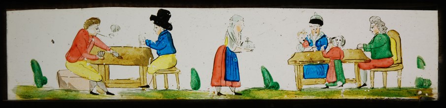 Hand-painted lantern plate with men and family at the table, slide plate slideshope images glass paper, Hand-painted slides