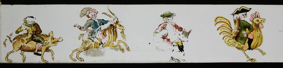 Hand-painted lantern plate with carnivalesque procession, slide plate slideshope images glass paper, Hand-painted slides