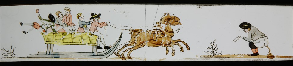 Hand-painted lantern plate with company in sleigh, slideshelf slideshare images glass paper, Hand-painted slides