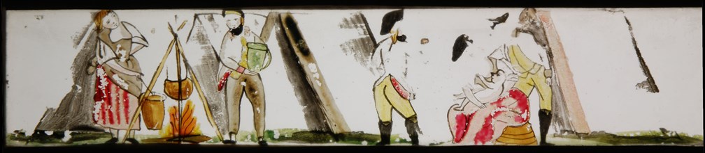 Hand-painted lantern plate with women and soldiers, slide plate slideshope images glass paper, Hand-painted slides with top