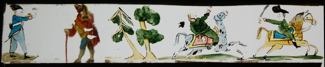 Hand-painted lantern plate with soldiers on horseback and on foot, slide plate slideshope images glass paper, Hand-painted