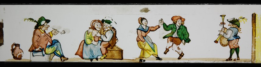 Hand-painted lantern plate with pub scene, slideshelf slideshare images glass paper, Hand-painted slides with top and bottom