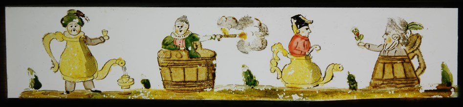 Hand-painted lantern plate with caricatures, slideshelf slideshare images glass paper, Hand-painted slides with top and bottom