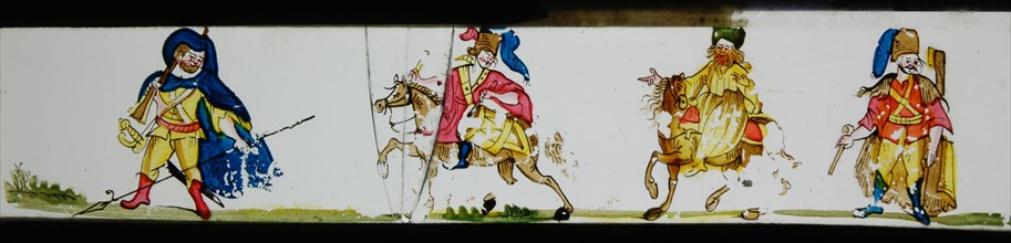 Hand-painted lantern plate with strangely dressed soldiers, slideshelf slideshare images glass paper, Hand-painted slides