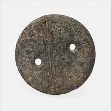 Play disc with two holes and notches on both sides, disc game ground find lead metal, cast Round twice pierced archeology