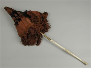 Carriage umbrella with side, brown and black trim, trimmed with long brown fringe, white, wooden and legs handle, car umbrella