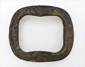 Slightly curved rectangular buckle with rounded corners, buckle fastener component soil find copper brass metal, cast Slightly