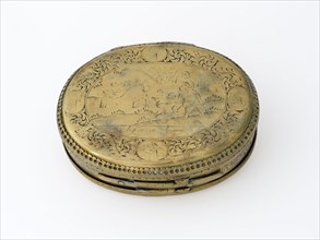 Tobacco box with engraving 'unequal love', tobacco box holder copper brass, cast engraved Shape: lying oval. Construction: hinge