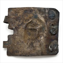 Double punched hinge plate with leather and three heavy iron rivets, batter Soil discovery copper brass iron leather metal, cut